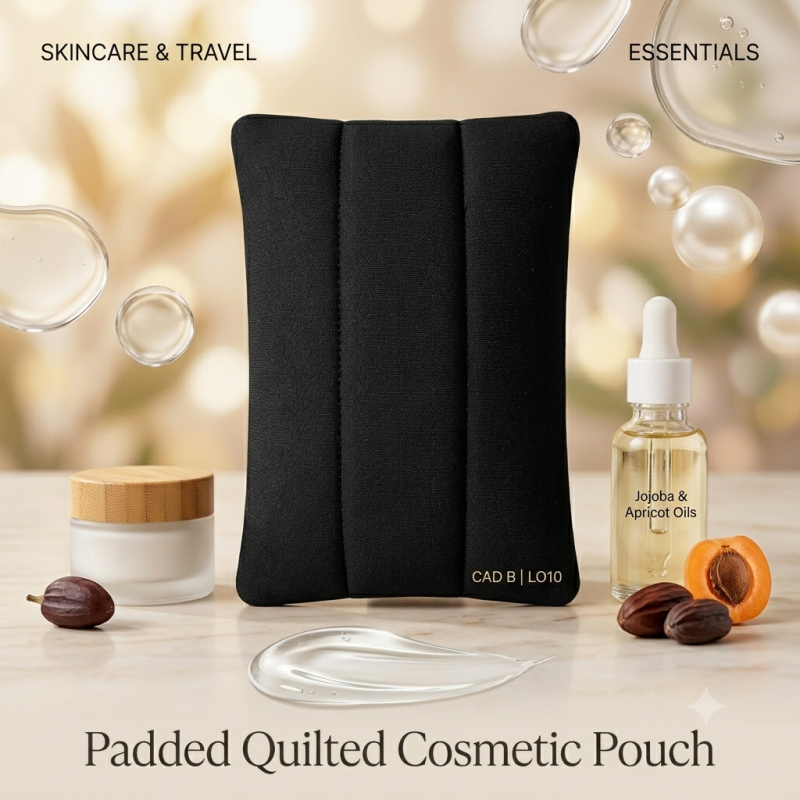 Makeup Bag | Padded Quilted Cosmetic Pouch for Makeup, Skincare & Travel Essentials | BLACK | CAD B